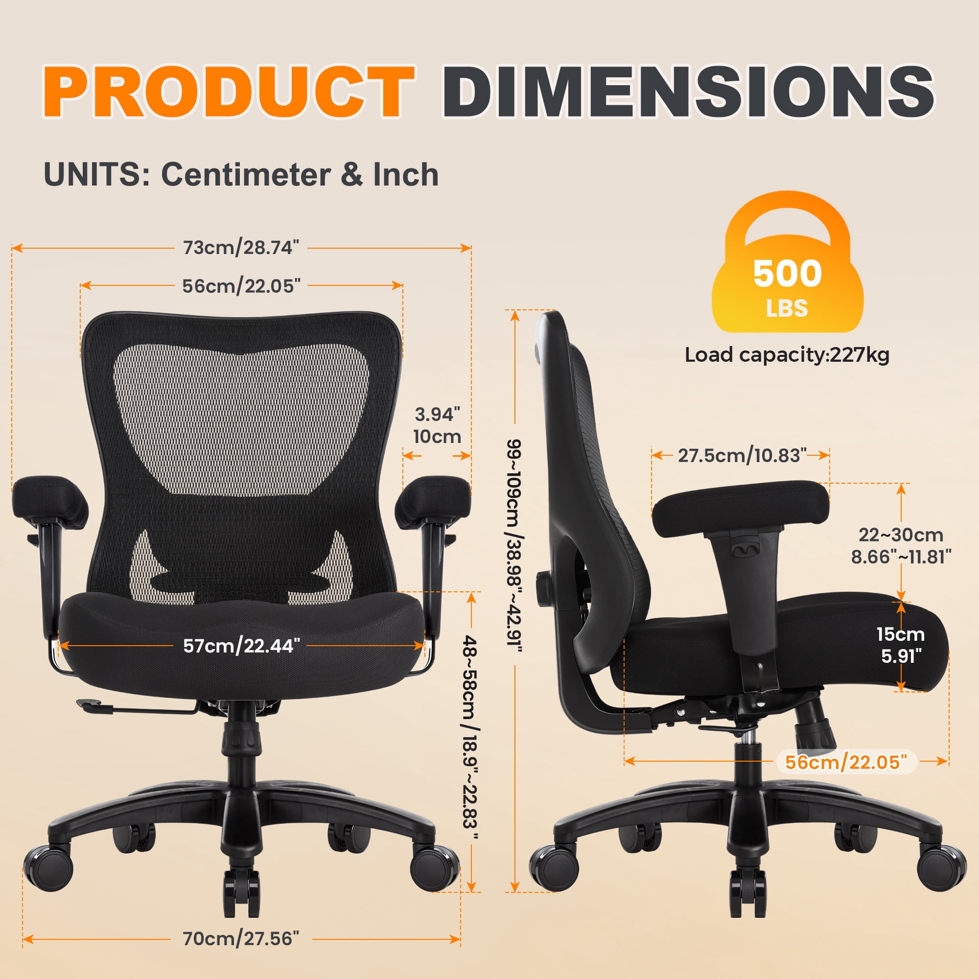 Ergonomic Big and Tall Office Chair 500lbs, Heavy Duty Executive Mesh Desk Chair with Lumbar Support & Flip-Up Arms, Wide Seat Computer Chair