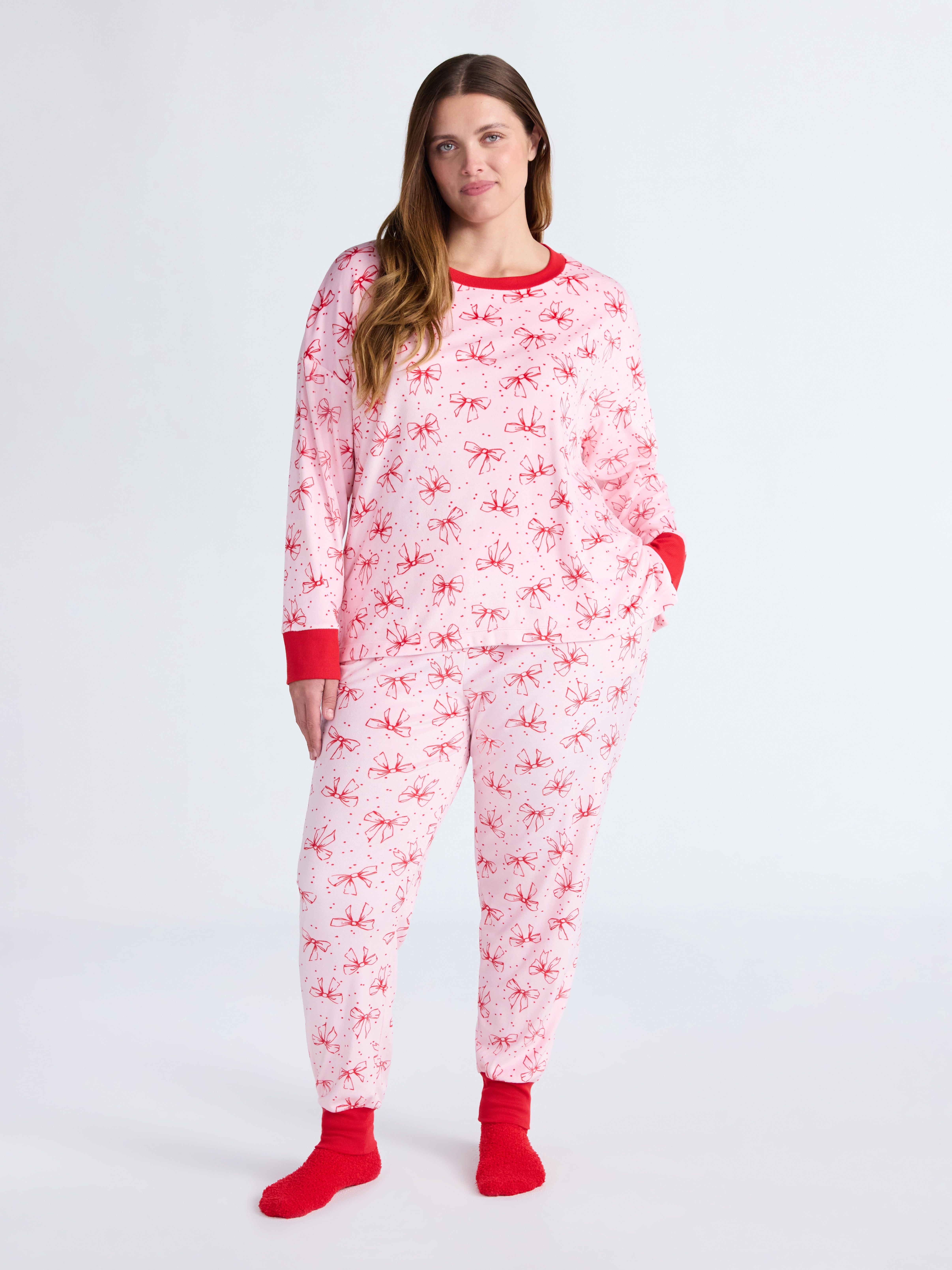Joyspun Women’s Stretch Velour Long Sleeve Top, Pants, and Socks Pajama Set, 3-Piece, Sizes XS-4X