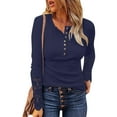 thumbnail image 4 of Camisa túnica de manga larga con cuello en V y botones delanteros para mujer, blusa lisa de poliéster, informal de otoño, tallas US S-XXL, aviso de medición manual, 4 of 7