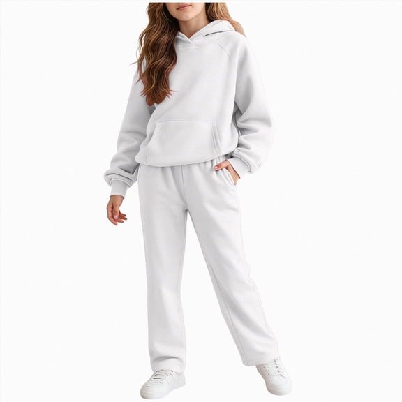 JUMEYU School Girl Outfit Girls Clothing Set 2 Pcs Soft Crewneck Long Sleeve Top Leggings Loose Outfits Size 13-14 (White,13-14 Years)