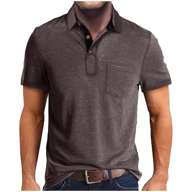 camiseta de verano de color sólido para hombre con cuello abierto de 3 botones y top de manga corta con botones café/l