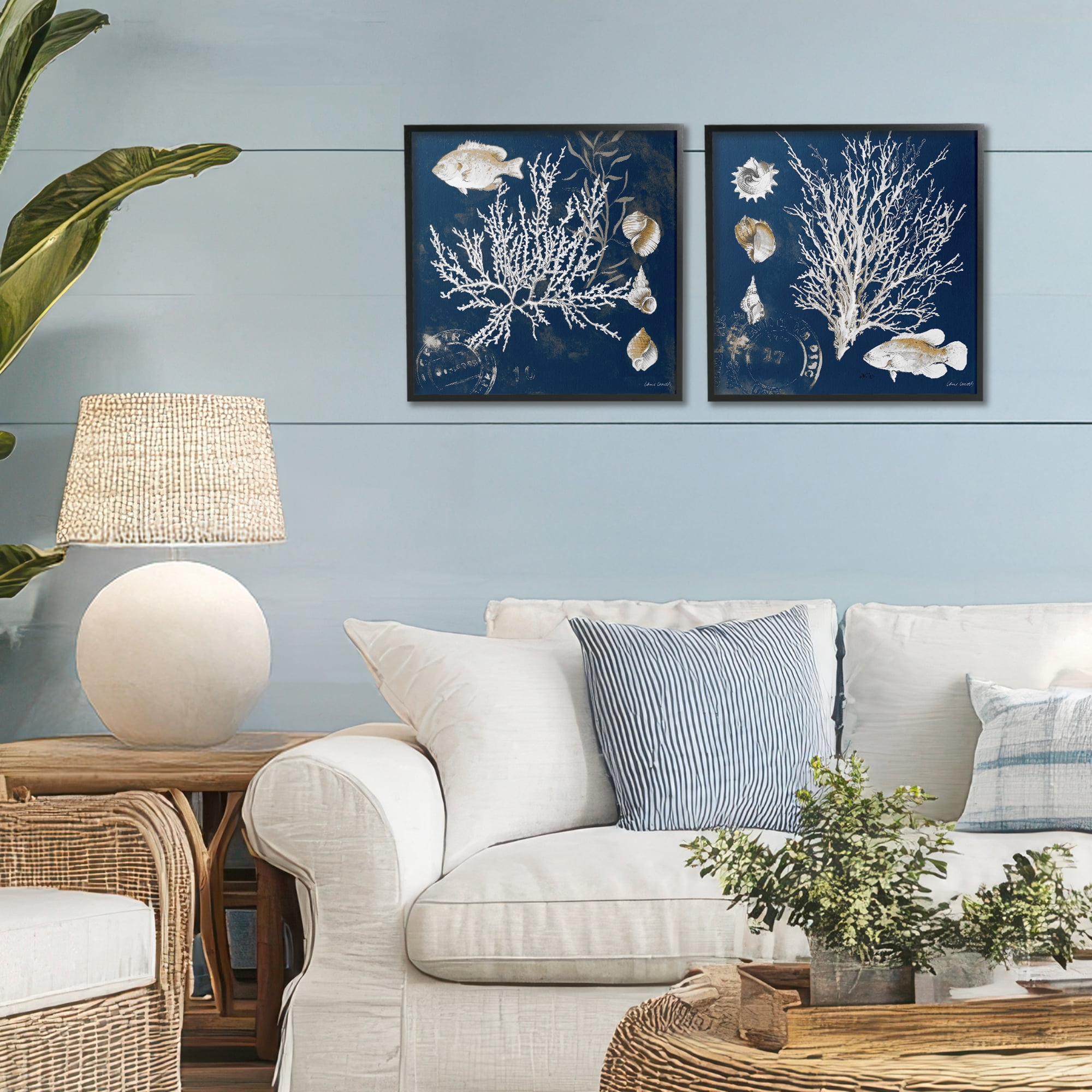 Stupell Industries Navy Coral Medley 2 Piece Black Framed Giclee Art Set, design by Lanie Loreth