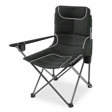 MADOG Outdoor Camping Chair with Cooler Bag & Cup Holder, Folding Lawn Chair with Adjustable Height & Angle, Collapsible Padded Arm Chair with Carry Bag, Black
