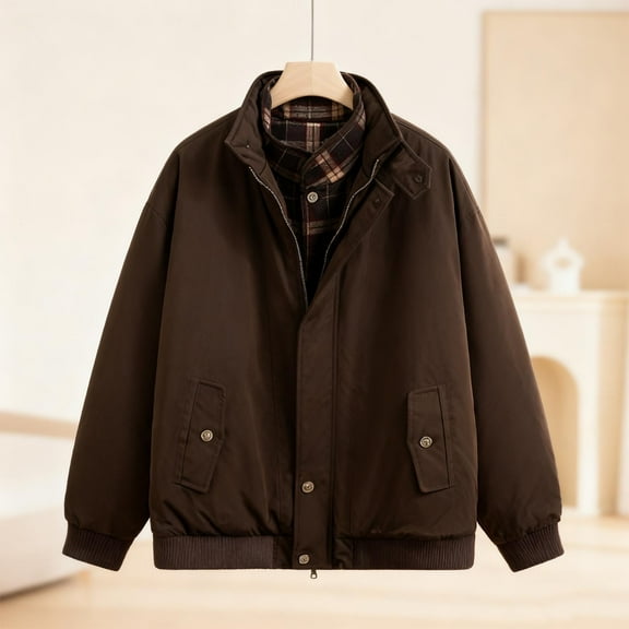 Bomber Jacket Men Zipper Stand Collar Quilted Padded Coat Mock Two Pieces Layered Shirt Warm Outerwear for Daily Fall Winter Wear,Brown,XXL