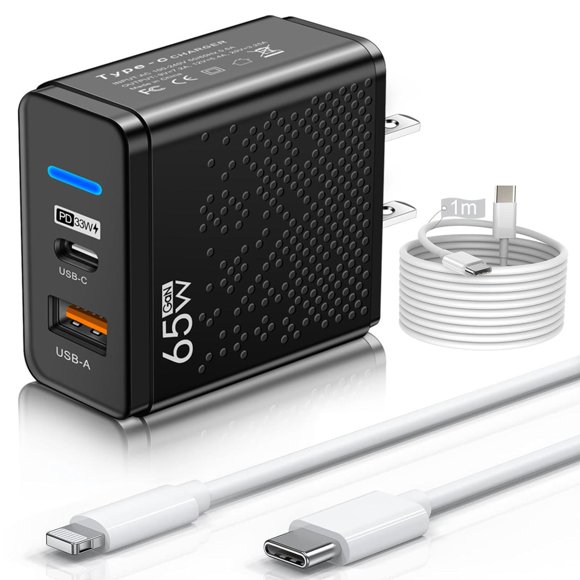 Cargador de Carga Rápida 65W 2 en 1,Cargador Tipo C PD 33W + USB A QC 32W ,Trae un cable de iP y un