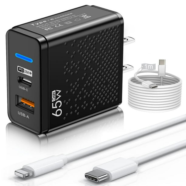 Cargador de Carga Rápida 65W 2 en 1,Cargador Tipo C PD 33W + USB A QC 32W ,Trae un cable de iP y un