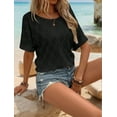 thumbnail image 4 of Women'S Eyelet Embroidery Short Sleeve Shirt Button Back Crew Neck Loose Casual Knit Basic Tops Black XL, 4 of 6