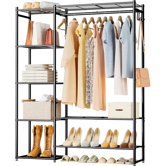 Clothing Rack With Shelves, Organizers and Storage for Clothes, Portable Wardrobe With Rod, Garment Rack Shelves, Rangement Garde Robe (Black)