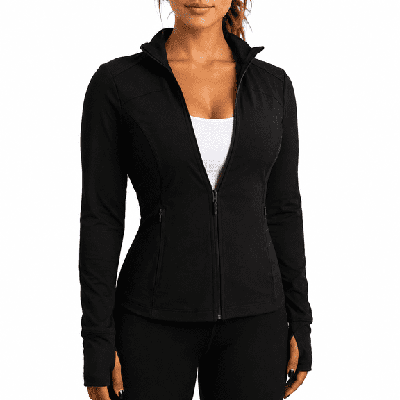 Womens Running Jackets Slim Fit Athletic Jackets Workout Full Zip Up Yoga Top with Pockets and Thumb Holes