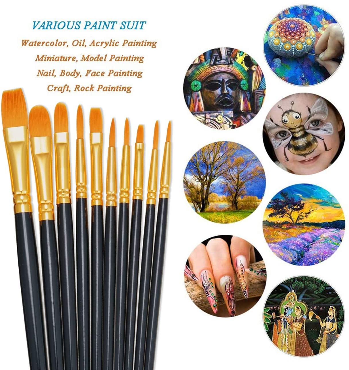 JJEAN-Paint Brushes Set, 4 Pack 40 Pcs Round Pointed Tip Paintbrushes Nylon Hair Artist Acrylic Paint Brushes for Acrylic Oil Watercolor, Face Nail Art, Miniature Detailing & Rock Painting, Black