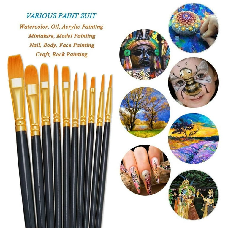 Paint Brushes Set,10 Pack Nylon Hair Paint Brushes for Acrylic Painting,  Craft Paint Brushes, Watercolor and Oil Brushes, Black