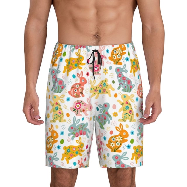 Balery Boho Bunny Pantalones cortos de pijama de punto de algodón para hombre con cinturilla y bolsillos-Small