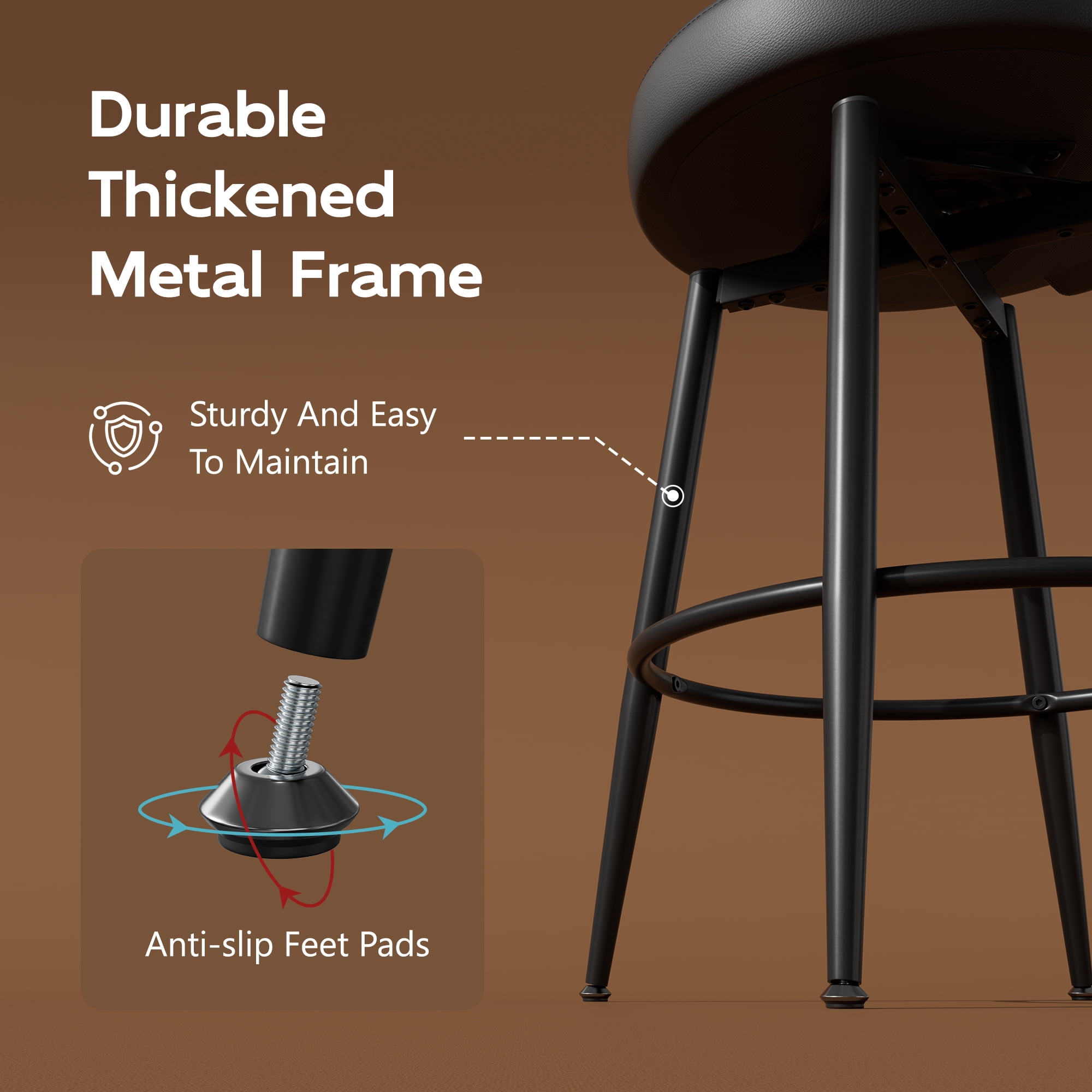 Homezeer 26" Bar Stools Set of 2, Low Back Counter Height Bar Stools with Round Seat, PU Leather Swivel Bar Chair for Kitchen, Black