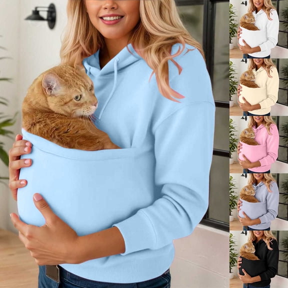 XINPING Hoodie with Dog Pouch, Oversized Sweatshirt Kangaroo Pocket Front Carry Pouch for Small and Cats,Casual Puppy Dogs Holder Solid Long Sleeve Pullover Top