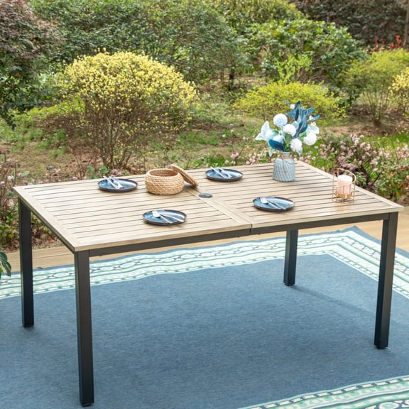 MF Studio Rectangle Outdoor Dining Table, Steel Frame with Wood Grain Top for 6 Person, Umbrella Support, Black & Gray-Brown