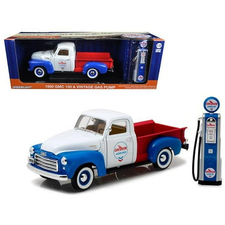 1950 GMC 150 Pickup Truck Chevron with Vintage Gas Pump 1/18 Diecast Model Car by