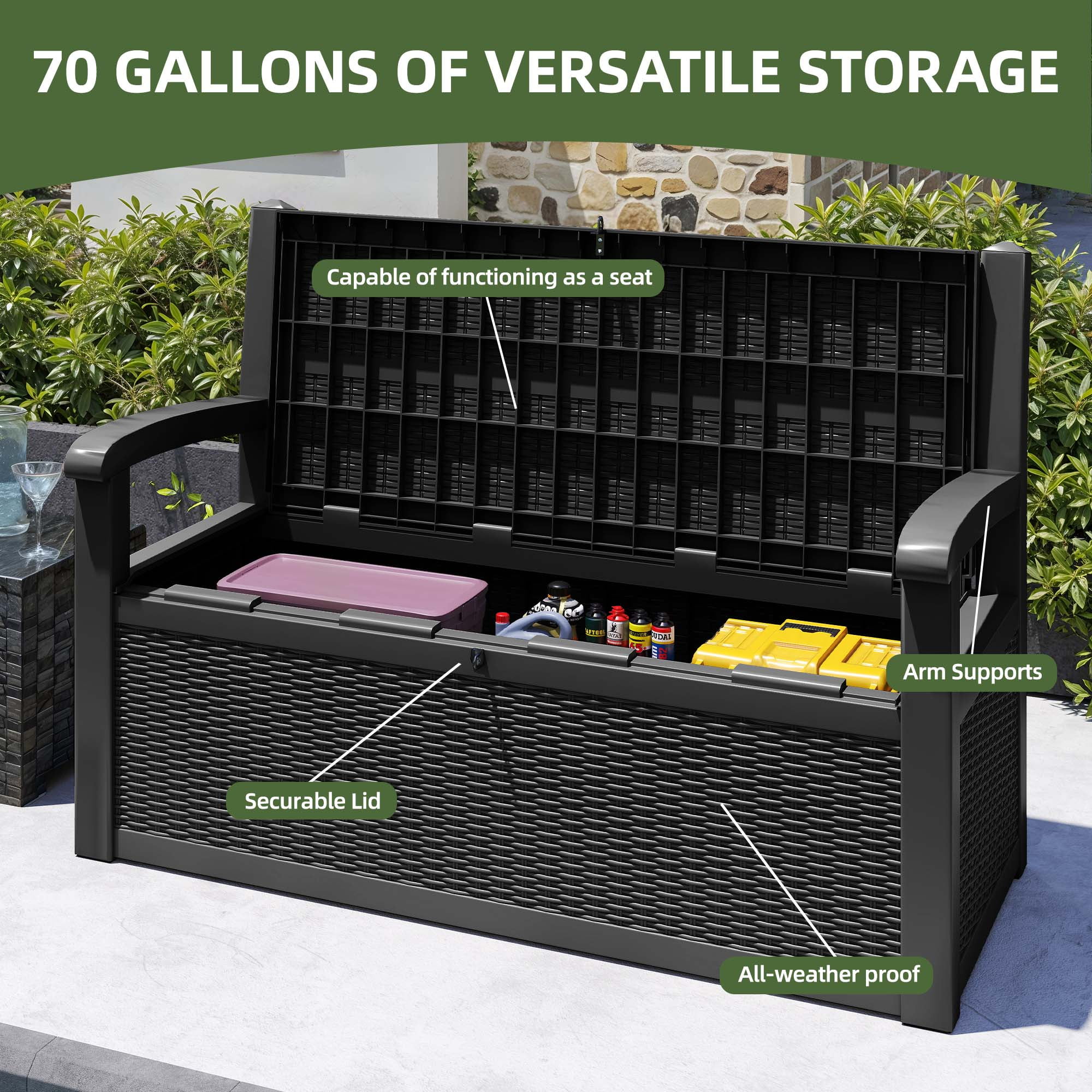 Uforic 70 Gallon Outdoor Resin Deck Bench, Waterproof & Lockable Storage Box  Bench with Armrests for Garden Patio, Black