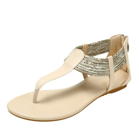 

CLZOUD Vacation Sandals for Women White Sandals for Women Summer Casual Knitting Color Blocking Non Slip Flat Heel Beach Shoes 38
