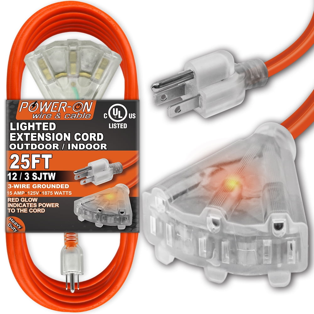 UL Listed; 15Amp 125V 1875 Watts; Heavy Duty; Red Glow Indicates; Power-On Series Kasonic 25 Feet 3 Outlet 12/3 SJTW Outdoor Extension Cord Orange