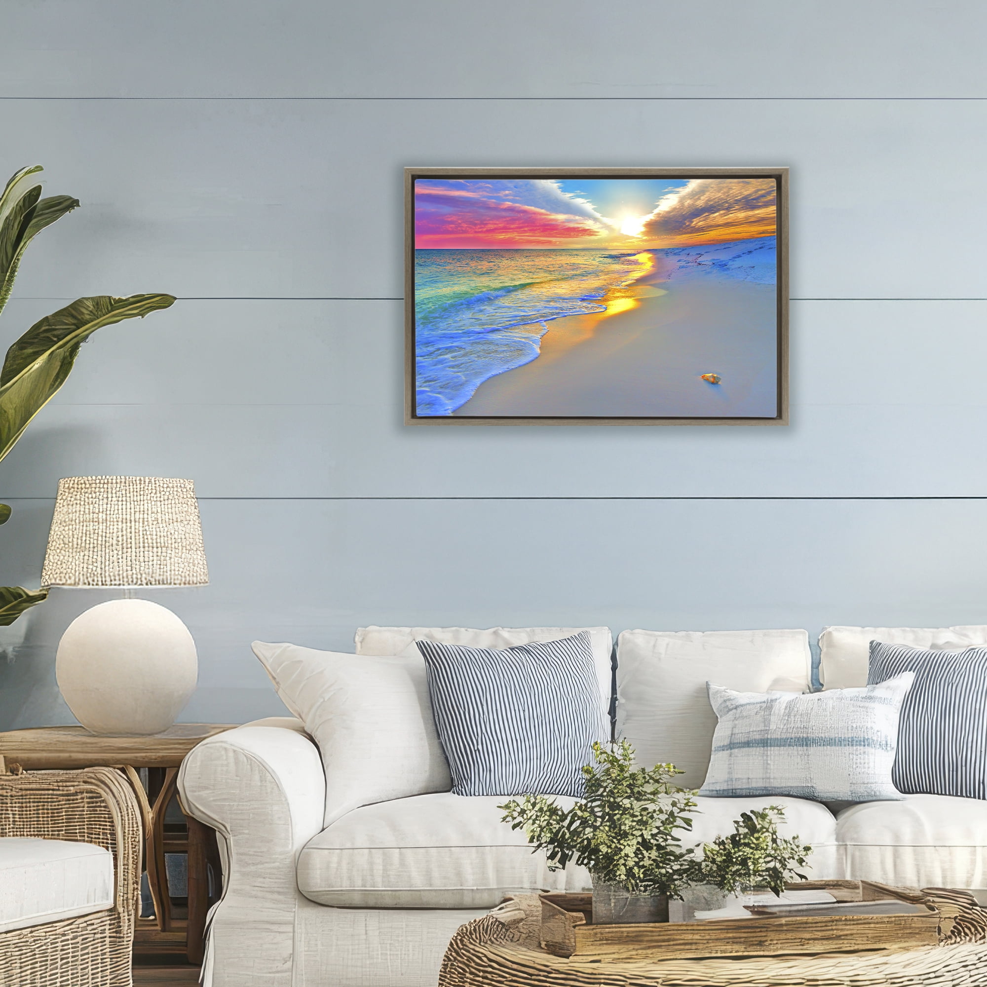 Stupell Industries Prismatic Rainbow Sunset Beach Brown Framed Floater Canvas Wall Art, design by Eszra Tanner