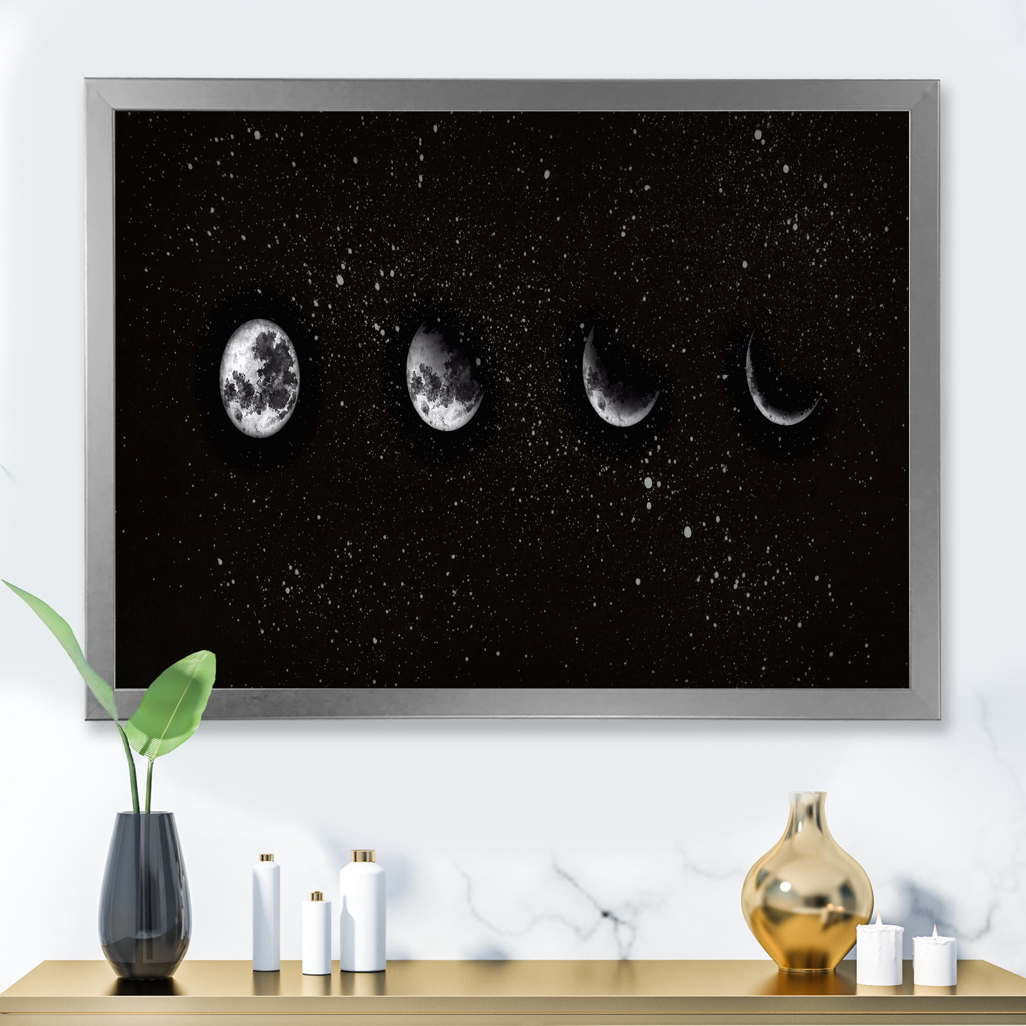Designart 'The Night Sky With Moon Phases' Modern Framed Art Print