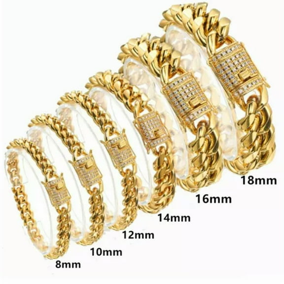 EOEMY Punk Mens Miami Cuban Link Chain Bracelet Gold Or Silver Stainless Steel 8-18mm-Gold-8mm-7 Inches Bracelet