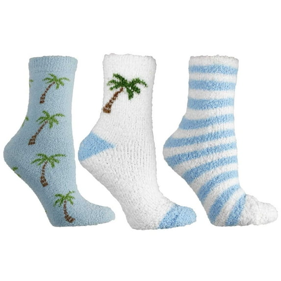 Women's 3-Pair Chennile slipper socks Palm Tree Cozy Light Blue/ Green Warm Fuzzy By MinxNY
