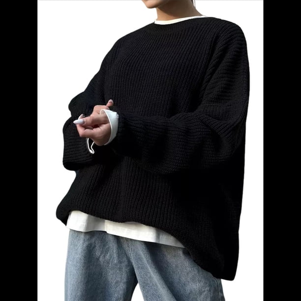 Suéter de Punto Holgado con Cuello Redondo y Color Liso para Mujer, Ideal para Otoño e Invierno. Negro L