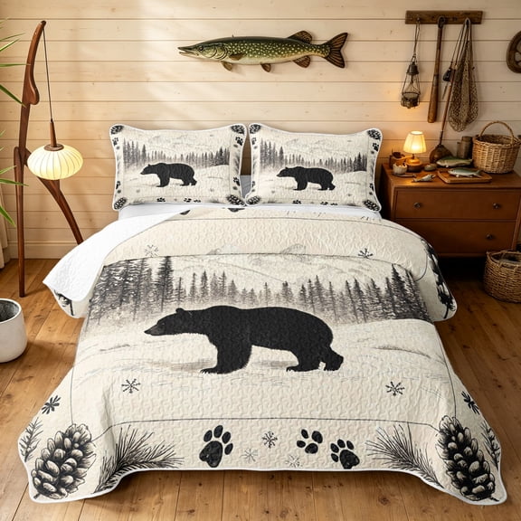 Manfei Vintage Rustic Bear Twin Quilt Set, Woodland Farmhouse Twin Coverlet Set, White Gray, Gray Reversible, 2pcs, 1 Bedspread and 1 Pillowcase