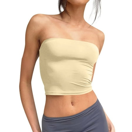 Kopltyrfg Women s Double Layered Basic Casual Strapless Backless Bandeau Bra Tube Top Beige M