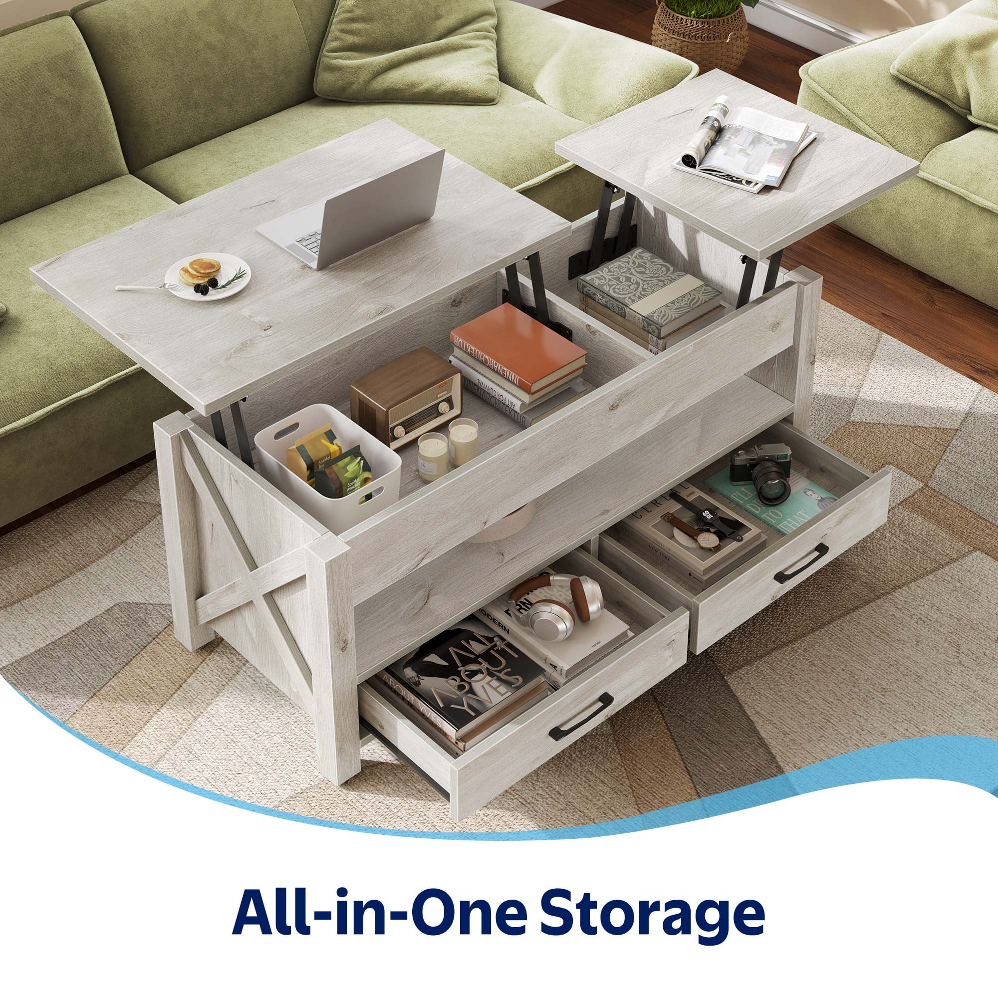 Greenstell Lift-Top Storage Coffee Table - Modern Style with 2 Drawers, Hidden Compartment & Wooden Lift Tabletop - Gray - 44"