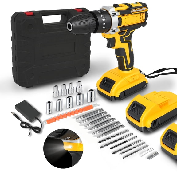 21V Cordless Drill Set, Electric Power Drill 50Nm with 3/8 Inch Keyless Chuck, 25 1 Clutch Compact Driver Drill with Work Light, Dual-Speed Power & 2 Battery and Fast Charger