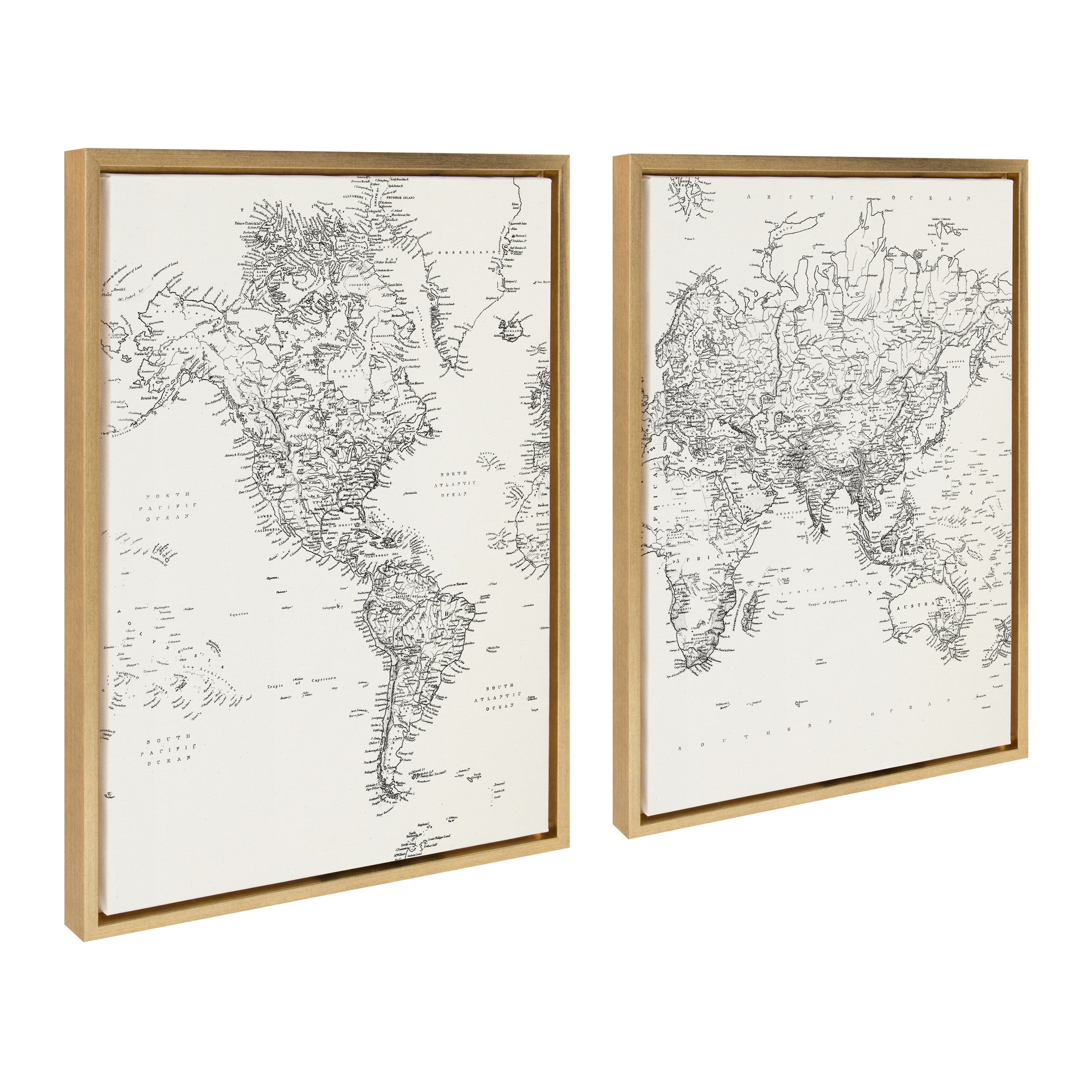 Kate and Laurel Sylvie Black and White Modern Retro World Map Framed Canvas Wall Art Set by The Creative Bunch Studio, 2 Piece 18x24 Gold, Vintage Map Art for Wall