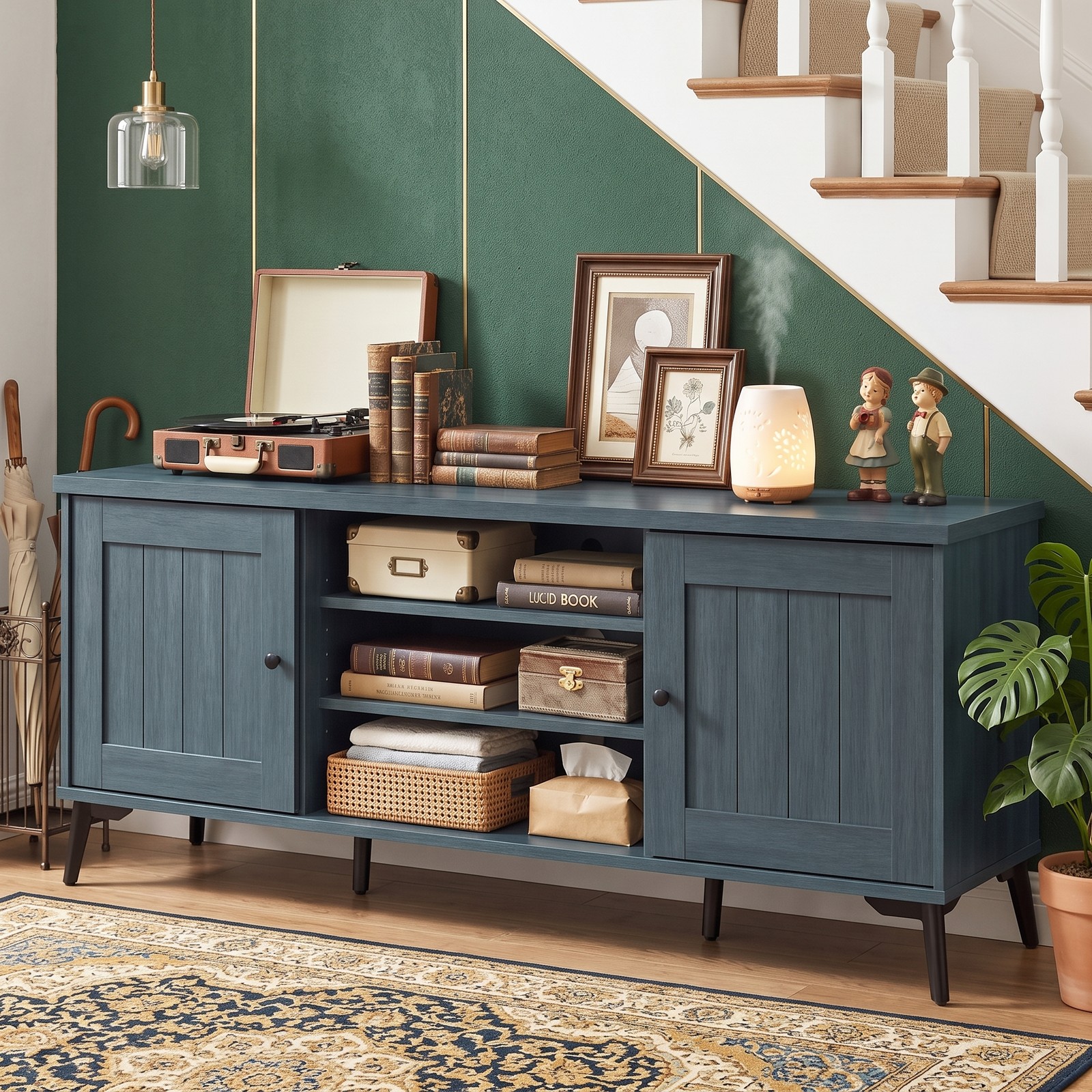 Furnibear 2-Door TV Stand for TVs up to 65 Inch, Mid Century Modern Entertainment Center Media Console with 3 Open Shelves, Adjustable Cabinet & Cable, Turquoise/Brown