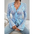 thumbnail image 5 of Women'S V Neck Lace Sheer Top Mesh See Through Shirts Open Front Tie Long Sleeve Blouses Y2k Going Out Tops Blue M, 5 of 10