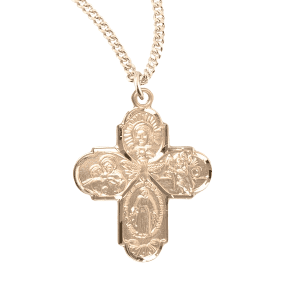 16kt Plated Sterling Silver Four-Way Medal Necklace with Holy Miraculous, Scapular, Saint Christopher, Saint Joseph – 18" Gold-Plated Chain – Made in USA – Deluxe Velvet Gift Box Included