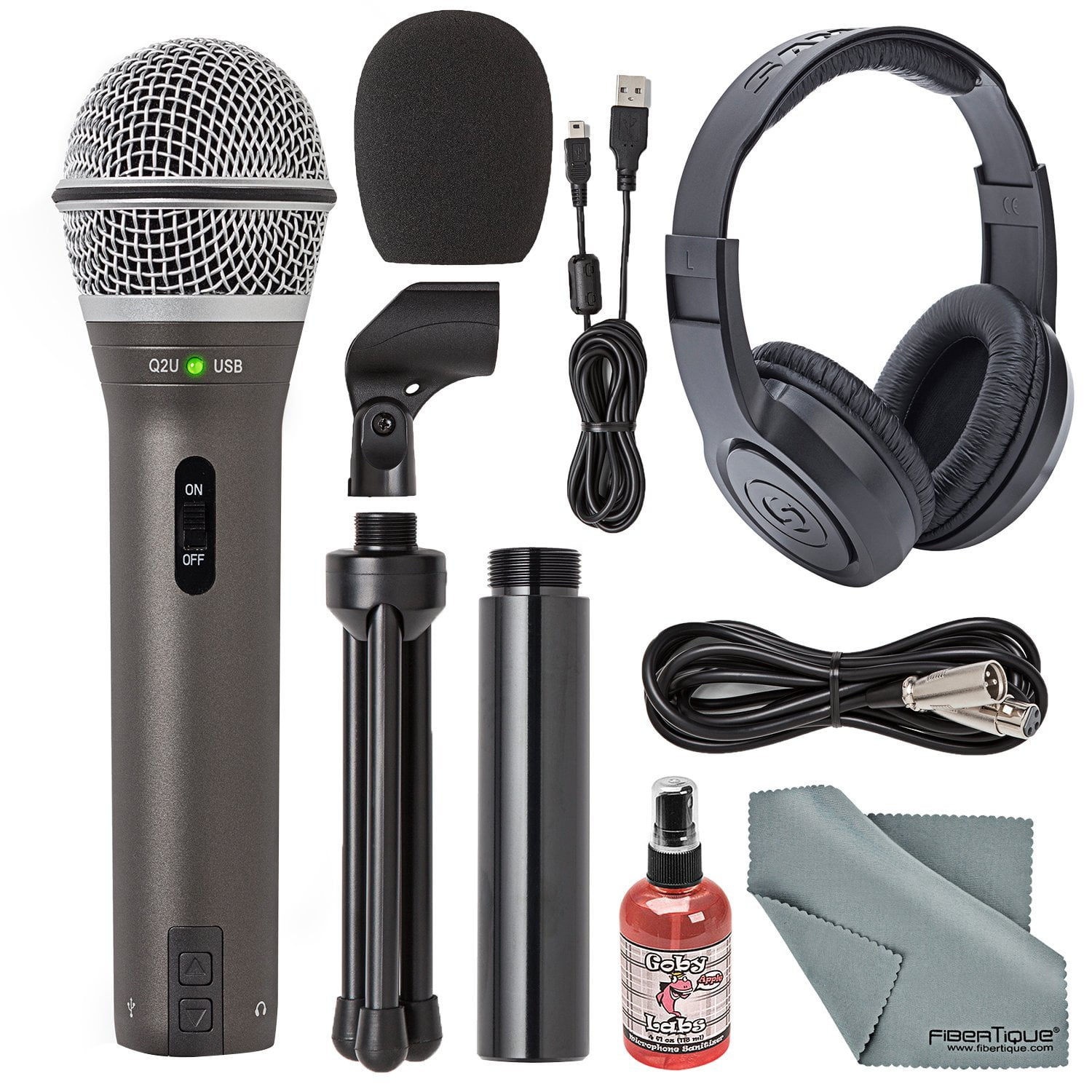 Samson Q2U Dynamic USB Microphone Podcasting Pack and Accessory Bundle with Boom Arm Fibertique Cloth Headphones Pop Filter 