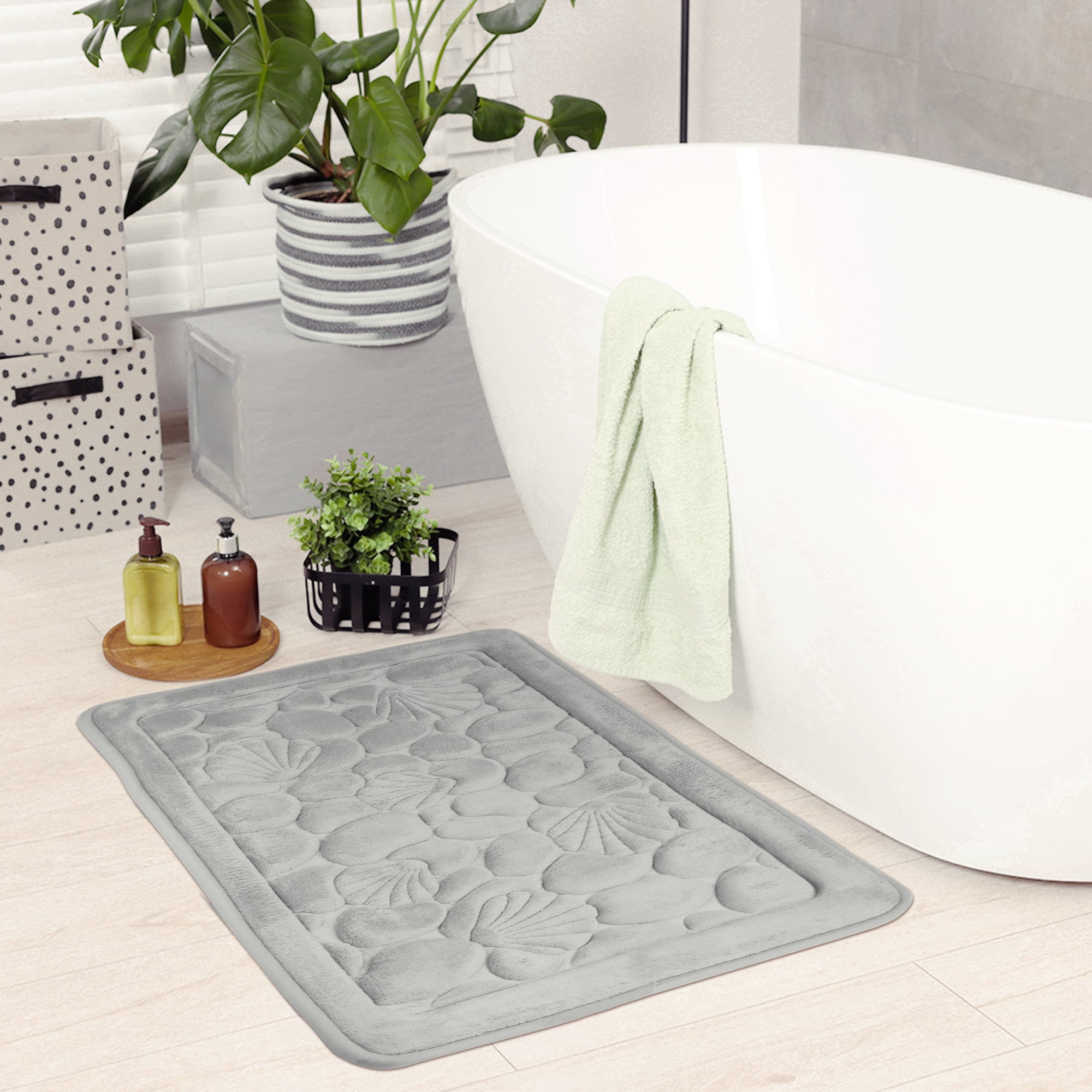 Unique Bargains Shell Pattern Bath Mat Memory Foam Non-Slip Bath Rugs Grey 20" x 32"