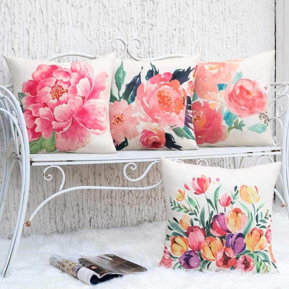 Buythrow Set of 4 Throw Pillow Covers Green Peony Floral ...