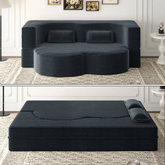 78" CAPCAEK Full Size Corduroy Convertible Folding Sofa Bed, 78" Upholstery Floor Foldable Loveseat Couch for Living Room, No Assembly Required, Dark Grey
