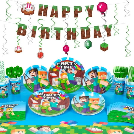 

DECORLIFE Pixel Game Birthday Party Supplies Serves 16 Boy Birthday Party Decorations Includes 54 x 108 Table Cloth Hanging Swirls Total 142pcs