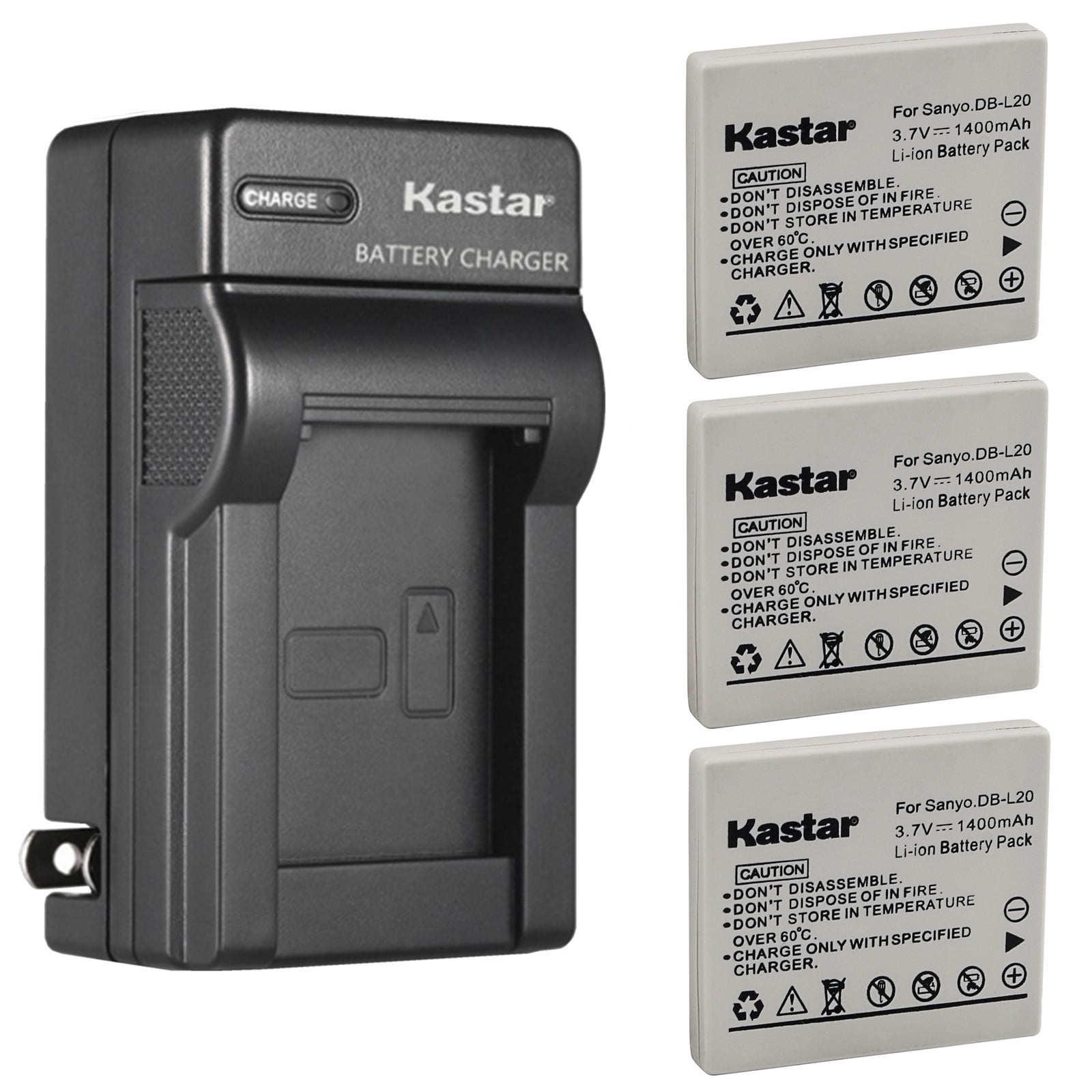 Kastar 3-Pack Battery and AC Wall Charger Replacement for Sanyo Xacti DMX-CG65 DMX-CG65-G DMX-CG65-K DMX-CG65-S Xacti DMX-CG9 Xacti DSC-C4 Xacti DSC-C5 Xacti DSC-E6 Xacti DSC-J4 Xacti VPC-C1