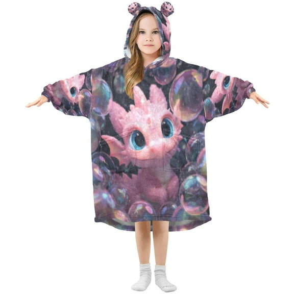BZSMCE Wearable Blanket Hoodie Fashion Bubbly Pink Dragon's Whimsical World Home Wear