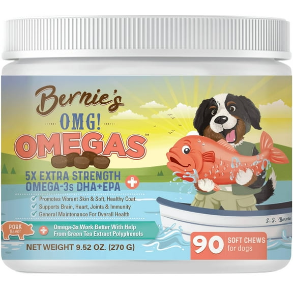 Bernie's OMG! Omegas - 5X Extra Strength Omega-3s DHA EPA, Chews with Fish Oil for Dogs, Ultimate Skin & Coat, Works as Dog Allergy Chews, Dog Calming Chews, Joint Supplement (Pork)