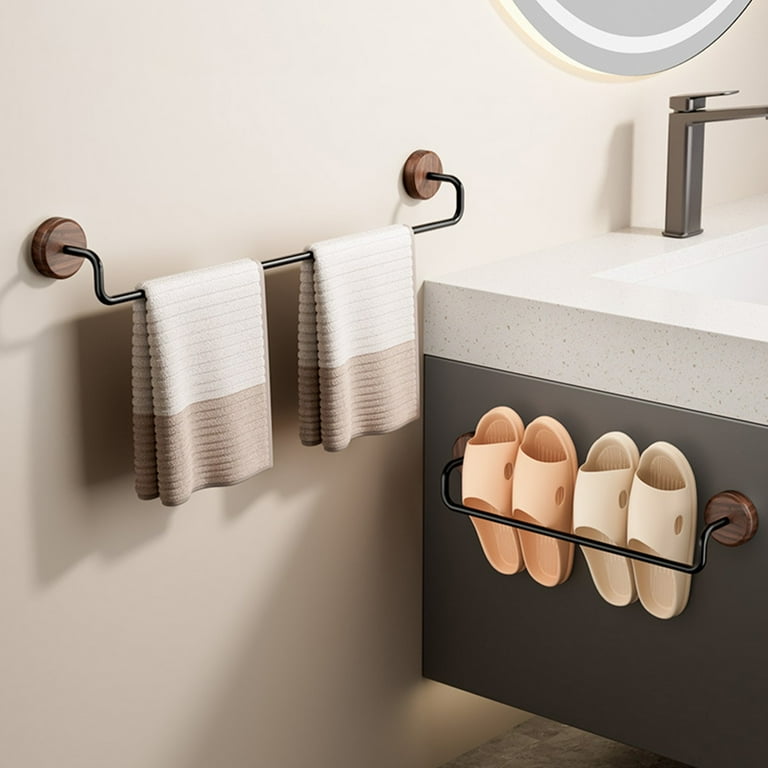 Walnut Wood Towel Rack No-Drill Bathroom Organizer Space-Saving