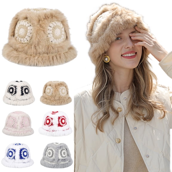 Crochet Bucket Hat for Women Girls, Knit Handmade Foldable Floppy Warm Cap, Fashion Cute Fishing Hat, Striped Floral Winter Hat