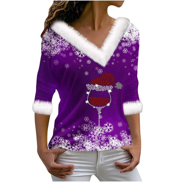 Birdeem Joyeux Noël Blouse Décontractée à Manches Longues Col en V pour Femmes