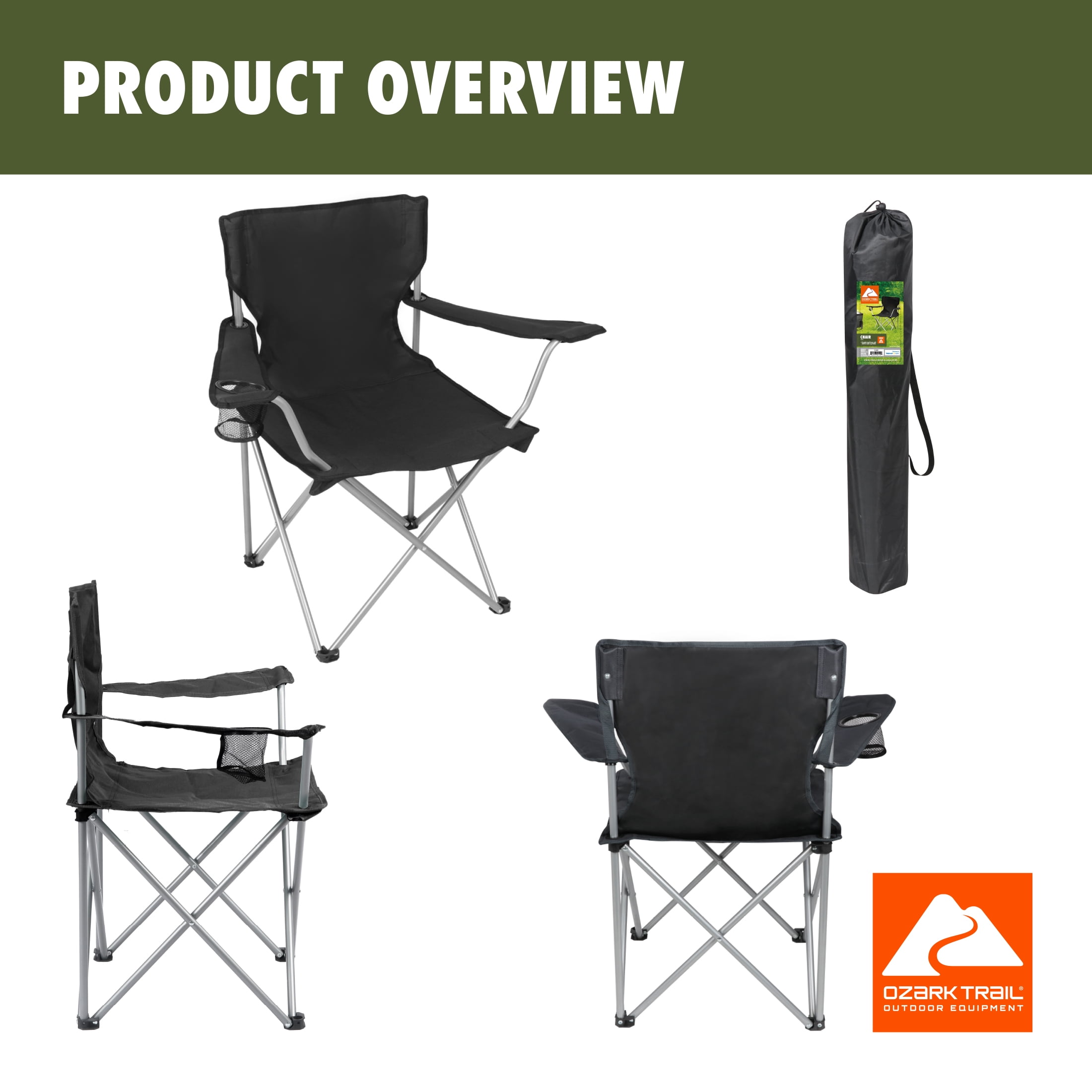 (6 pack) Ozark Trail Quad Folding Camp Chair with Cup Holder, Black