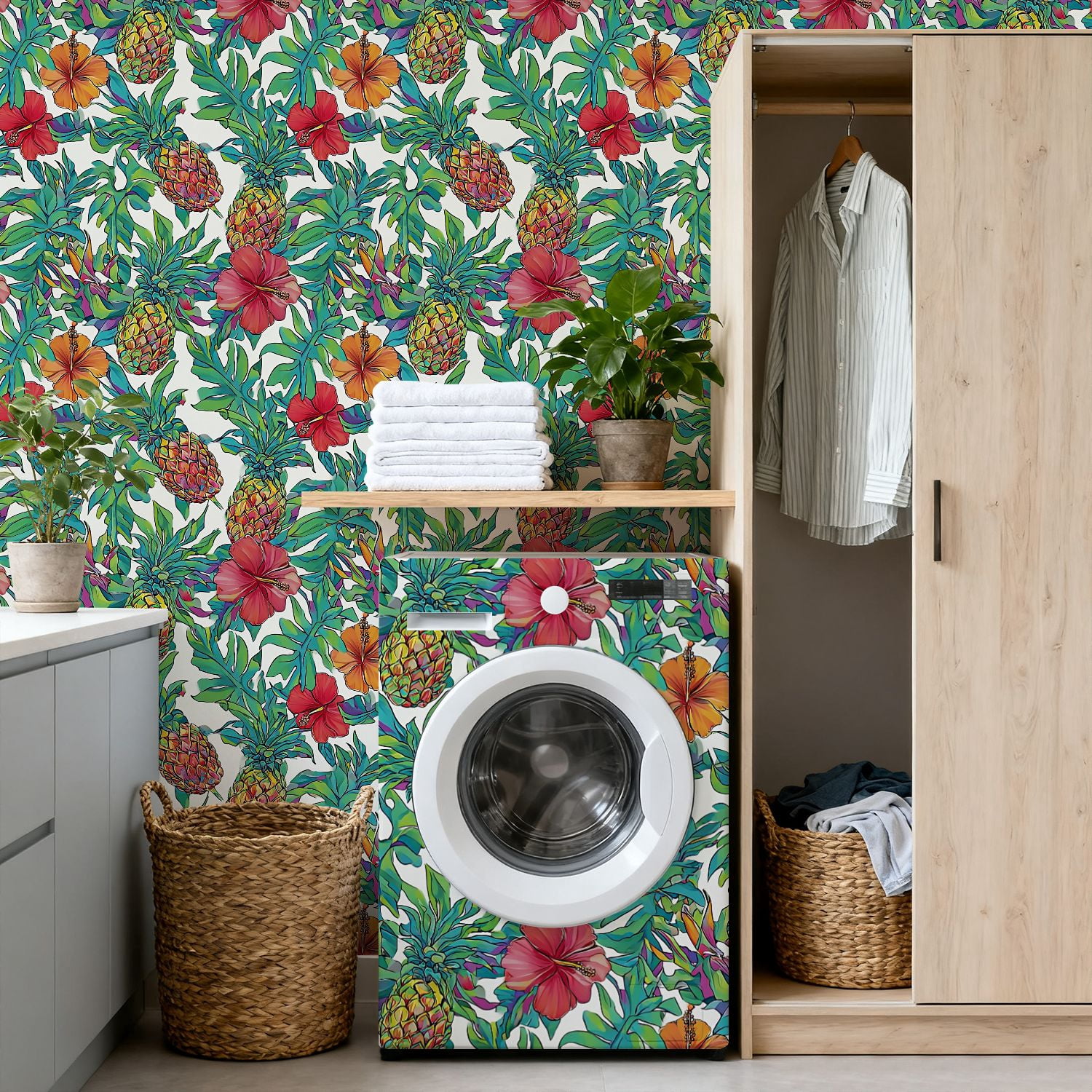 Peel and Stick Wallpaper Colorful Tropical Pineapple Hibiscus Floral Wall Mural 17.7in x 9.8ft Self Adhesive Removable Wall Paper Renter Friendly Wallpaper for Nursery Bedroom Cabinets