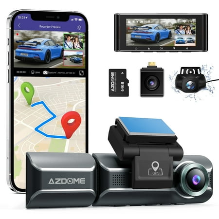 AZDOME 3 Channel Dash Cam with 4K WiFi , Dual Front and Rear for Car 4K+1080P Free 64GB Card, Built-in GPS 24H Parking Mode IR Night Vision WDR 3.19" IPS, Max up Support to 256GB, Easy to Install
